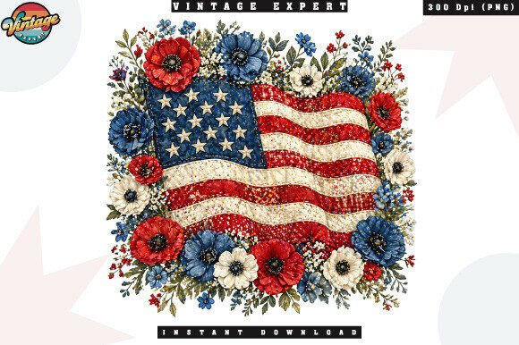 Americana Floral Flag Patchwork PNG Design