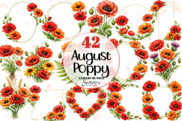 Elevating Summer Designs with August Poppy Red Floral Frames Clipart