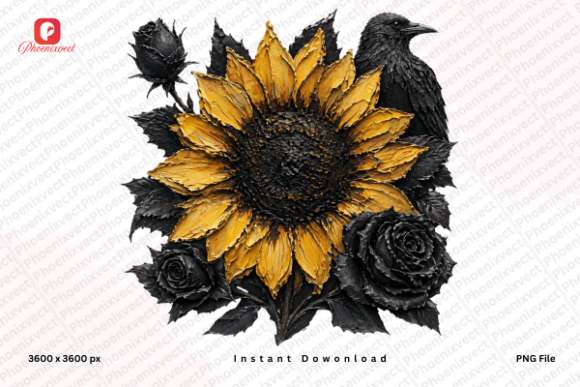 Halloween Gothic Sunflower Crow PNG: Elevating Dark Autumn Aesthetics
