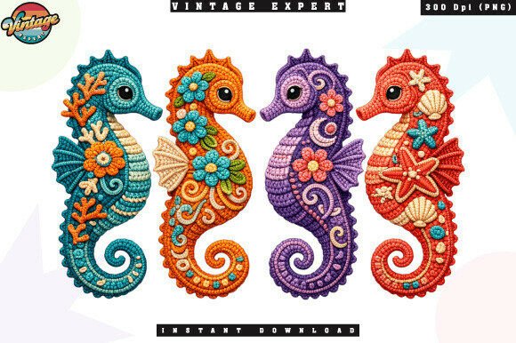 Kawaii Ocean Seahorse Crochet Yarn PNG Design