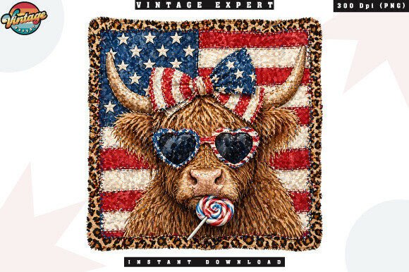 Patriotic Highland Cow Leopard Frame PNG: A Unique Design for Creative Projects