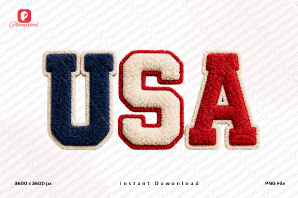 Patriotic Varsity Alphabet USA PNG: Chenille Style