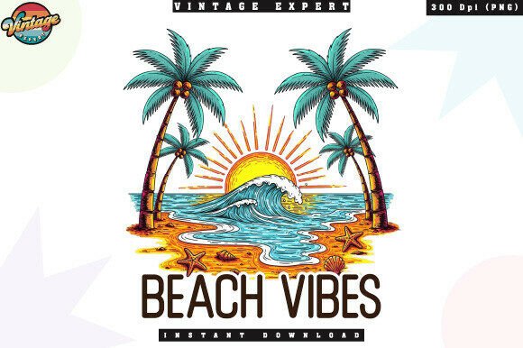 Retro Beach Vibes PNG: Ocean Waves & Summer Design