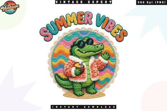 Summer Vibes Crochet Yarn Crocodile PNG