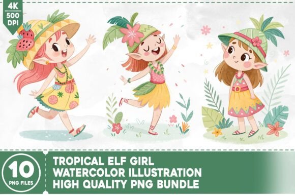 Tropical Elf Girl Watercolor Bundle for Commercial Design