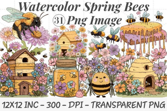 Watercolor Spring Bees PNG Clipart for Seasonal Design
